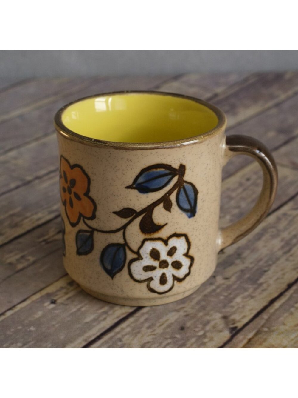 Vintage Stoneware Coffee Mug Otagiri Style Japan Tan Blue Orange Brown Flowers